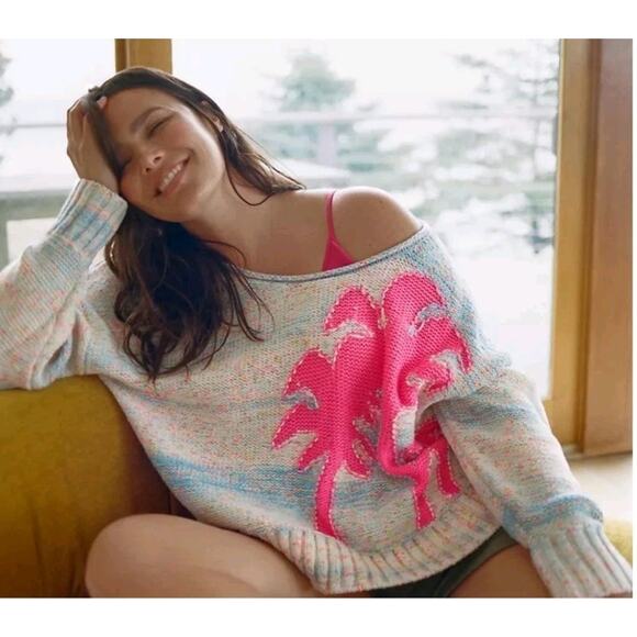 Anthropologie Chunky Knit Cotton Pullover Sweater Size Med Speckled Palm Trees - Picture 1 of 9